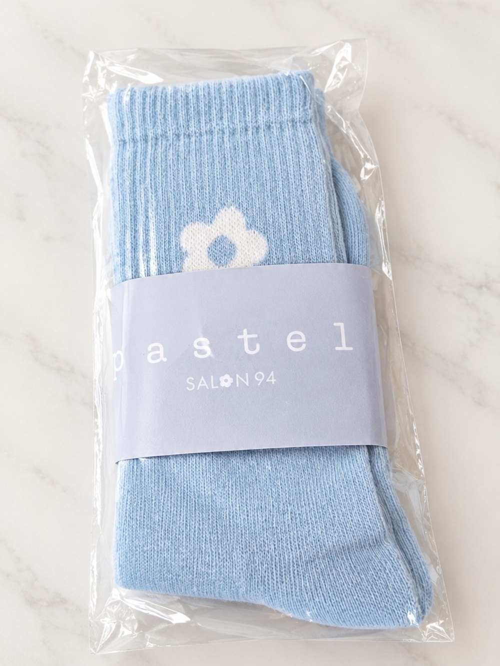 Pastel Light Blue Floral Crew Socks -